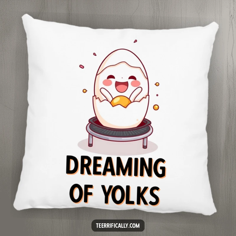 Funny cracked egg pillow, joyfully spilling onto a trampoline, offering soft comfort and a dose of breakfast humor. Cute decor.