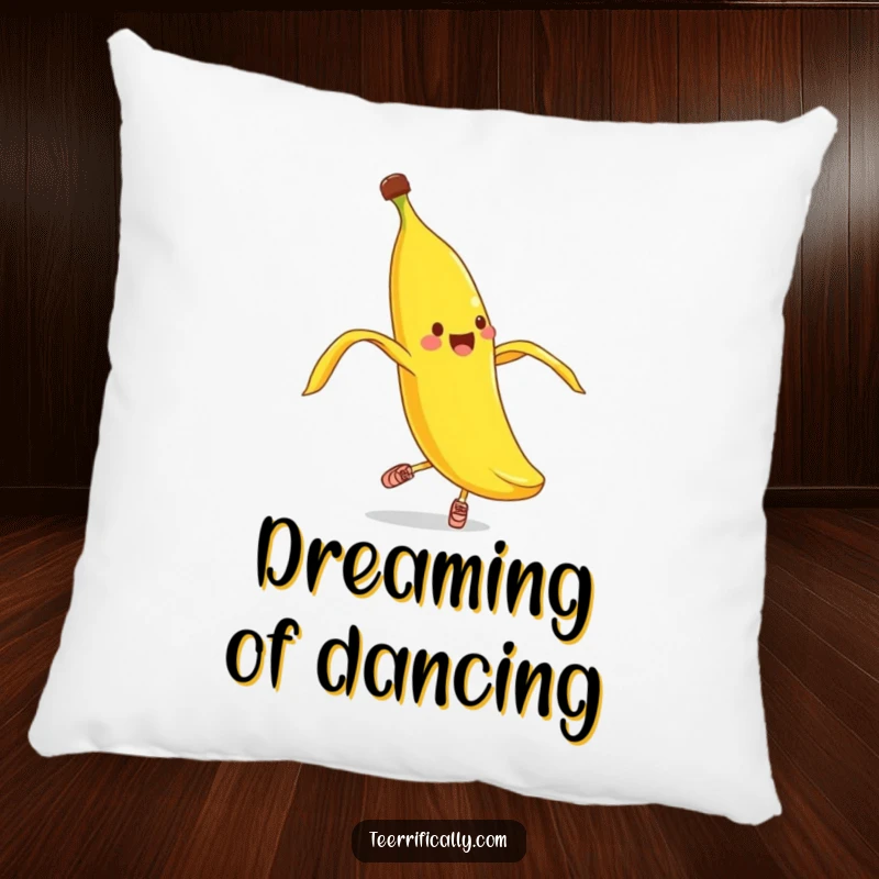 Funny banana peel pirouette pillow, plush cushion with a cheerful banana peel in shoes attempting ballet.