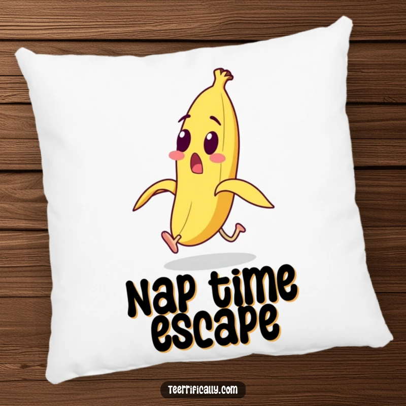 Funny surprised banana with legs running from its peel on a pillow, offering humorous comfort and decor.