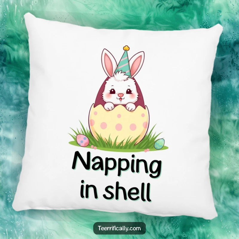 Funny pillow depicting a fluffy bunny in a party hat peeking from a giant Easter egg, offering comfort and a dose of holiday cheer.