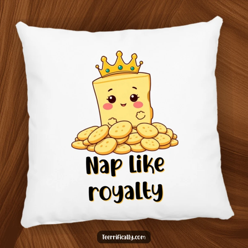 Funny pillow with a slice of cheese wearing a small crown, looking regally over crackers.