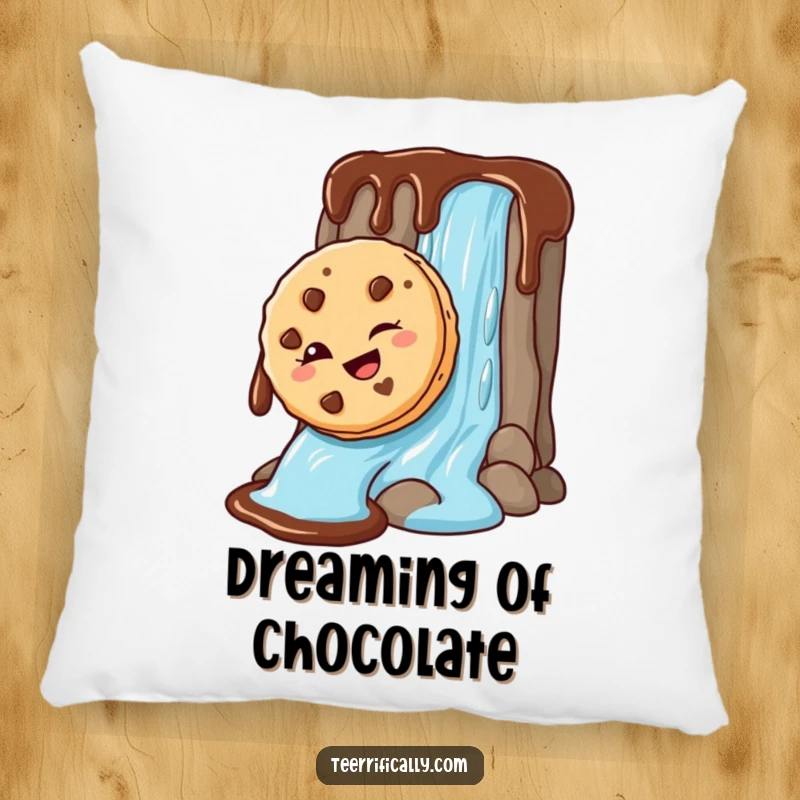 Funny Pillow featuring a mischievous cookie sliding down a chocolate waterfall, offering plush comfort and a dose of sweet, playful humor.