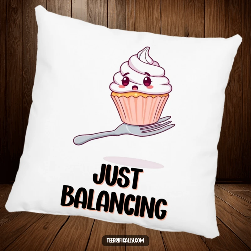 Funny pillow accentuating a surprised cupcake's struggle to balance on a huge fork, perfect for humorous home decor.