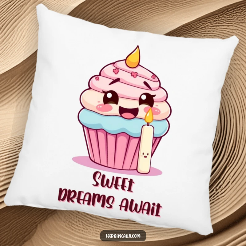 Funny pillow with a giggling cupcake trying to eat its own candle, offering plush comfort and sweet, humorous birthday vibes.