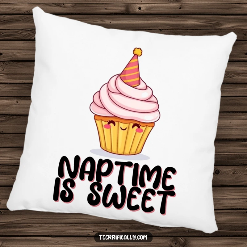 Funny Pillow featuring a proud cupcake character with a party hat and overflowing frosting, offering sweet comfort and humor.