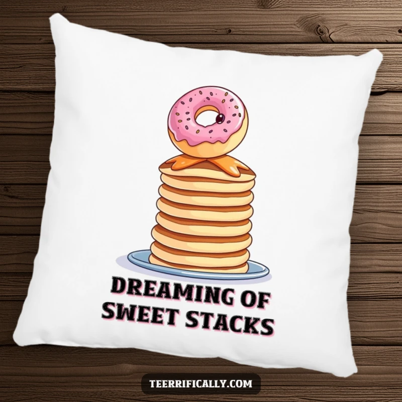 Funny donut pancake pillow, a curious donut balancing precariously on pancakes, soft and humorous decor.