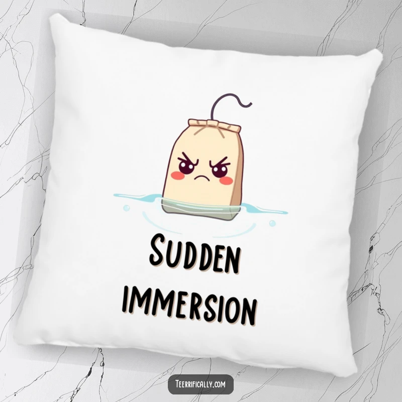 Funny Pillow featuring a grumpy teabag with an exaggerated surprised expression as it floats, adding humor to relaxation.