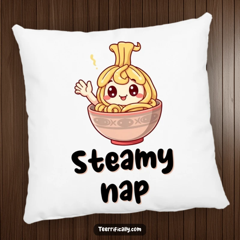 Funny Pillow featuring a happy noodle with googly eyes waving from a steaming bowl, bringing cozy, humorous vibes.