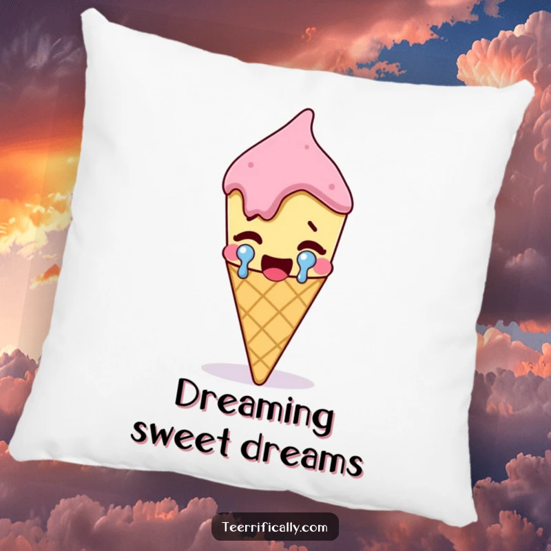 Funny melting ice cream cone crying a large tear of joy, soft decorative pillow, humorous home accent, sweet and joyful.