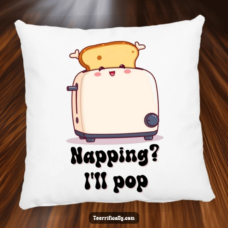 Funny pillow depicting a piece of toast with ears jumping excitedly out of a toaster, great for cozy humor.