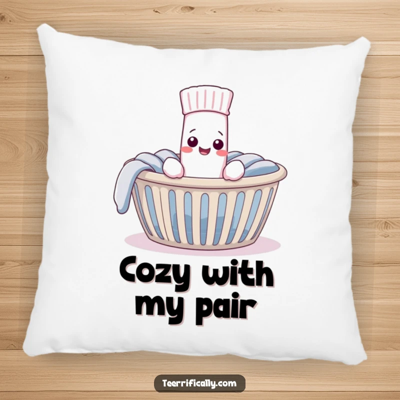 Funny Pillow featuring a pleased sock finding its mate in a laundry basket, offering plush comfort and a dose of heartwarming humor.