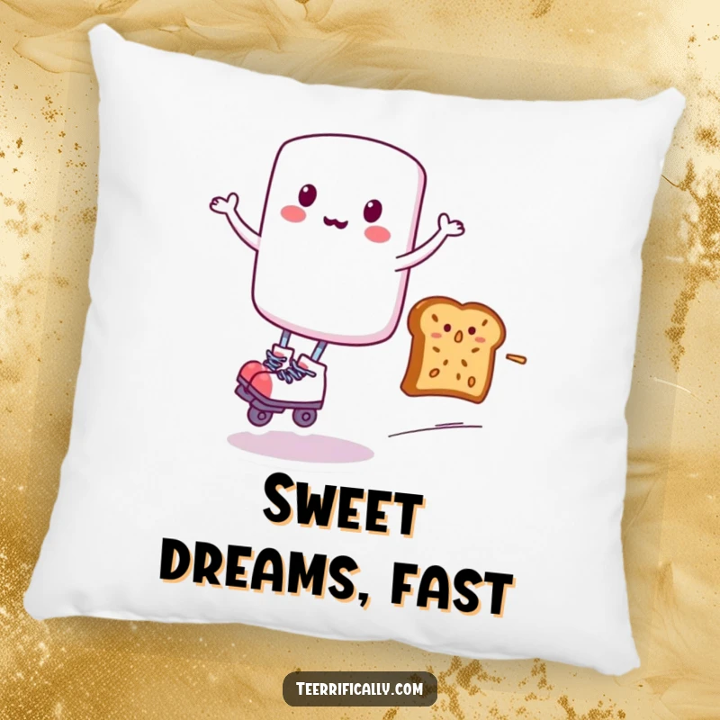 Funny decorative pillow showing a marshmallow on roller skates, zipping with glee past a startled piece of toast, a comical and plush accent.