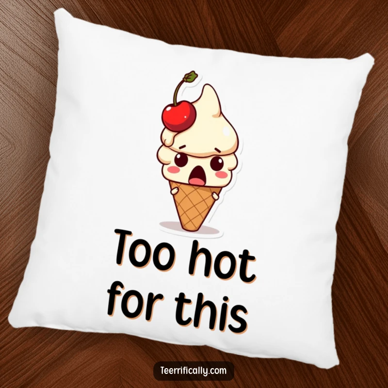 Funny ice cream pillow: Surprised ice cream cone character with a melting cherry on its head, a cozy funny gift.