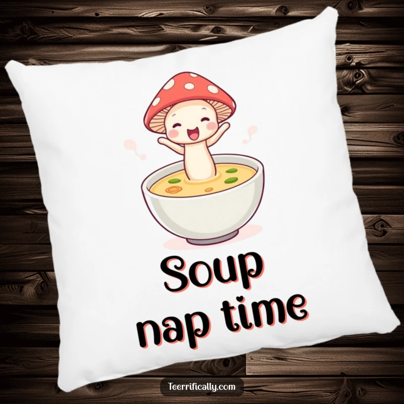 Funny mushroom soup pillow, wearing a hat, joyfully jumping into soup, perfect for lounging and adding charm.