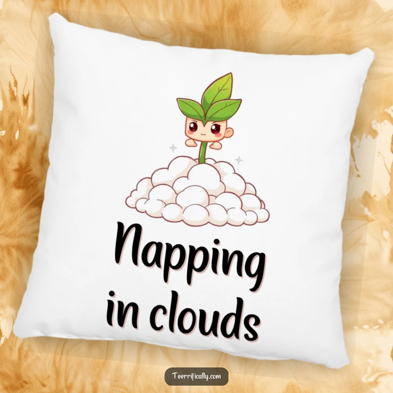 Funny pillow featuring a determined sprout triumphantly emerging from a pile of fluffy clouds, bringing cheer.