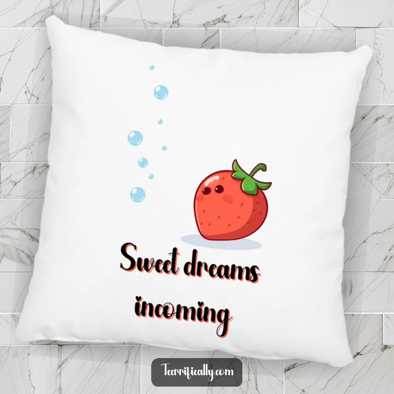 Funny pillow featuring a cheerful strawberry juggling sparkling water droplets, perfect for adding fruity charm.