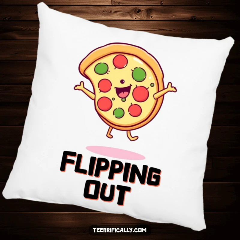 Funny Pillow showcasing a happy pizza slice performing a cartwheel, its cheesy smile radiating pure, playful energy.