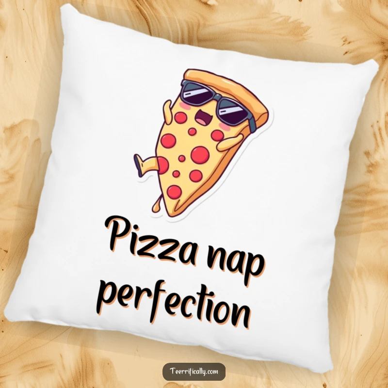 Funny pizza slice wearing sunglasses doing a somersault, soft pillow for a funny gift.