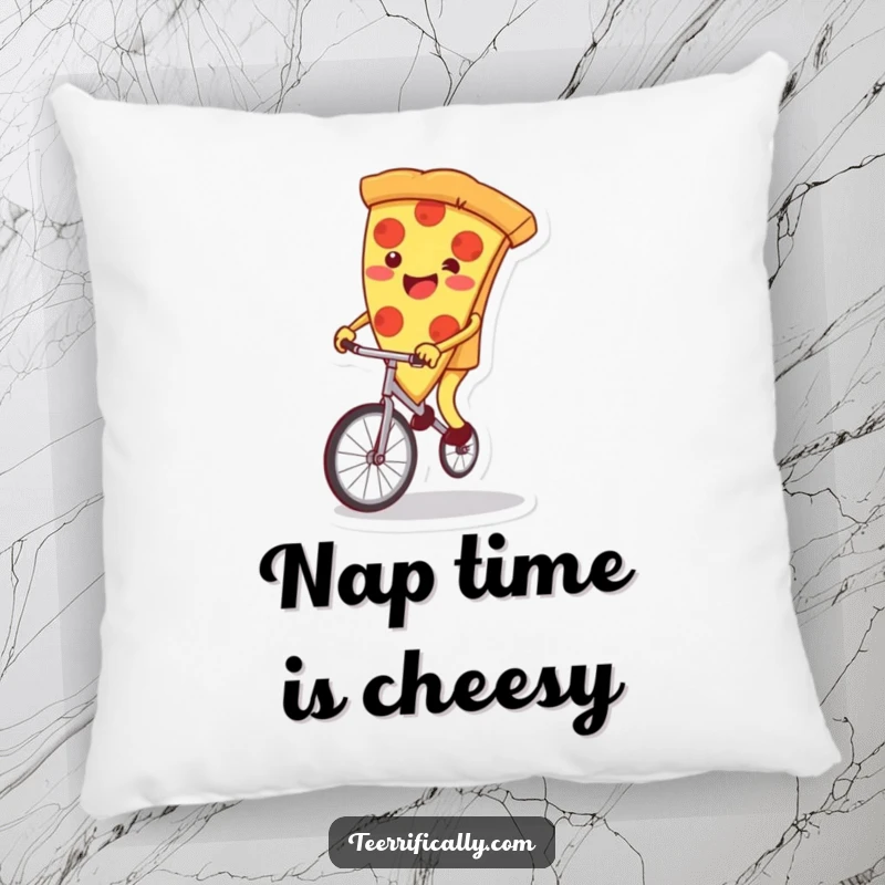 Funny pizza slice pillow, joyfully attempting to ride a unicycle, its legs wobbling hilariously. Cute and comfy decor.
