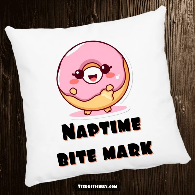 Funny proud donut pillow, a giggling donut with a bite taken out, looking content and proud, ideal for humorous home decor.