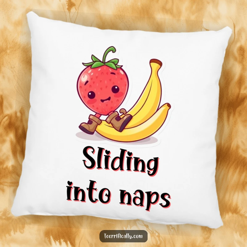 Funny strawberry wearing tiny boots, slipping on a banana peel, designed for a soft pillow.