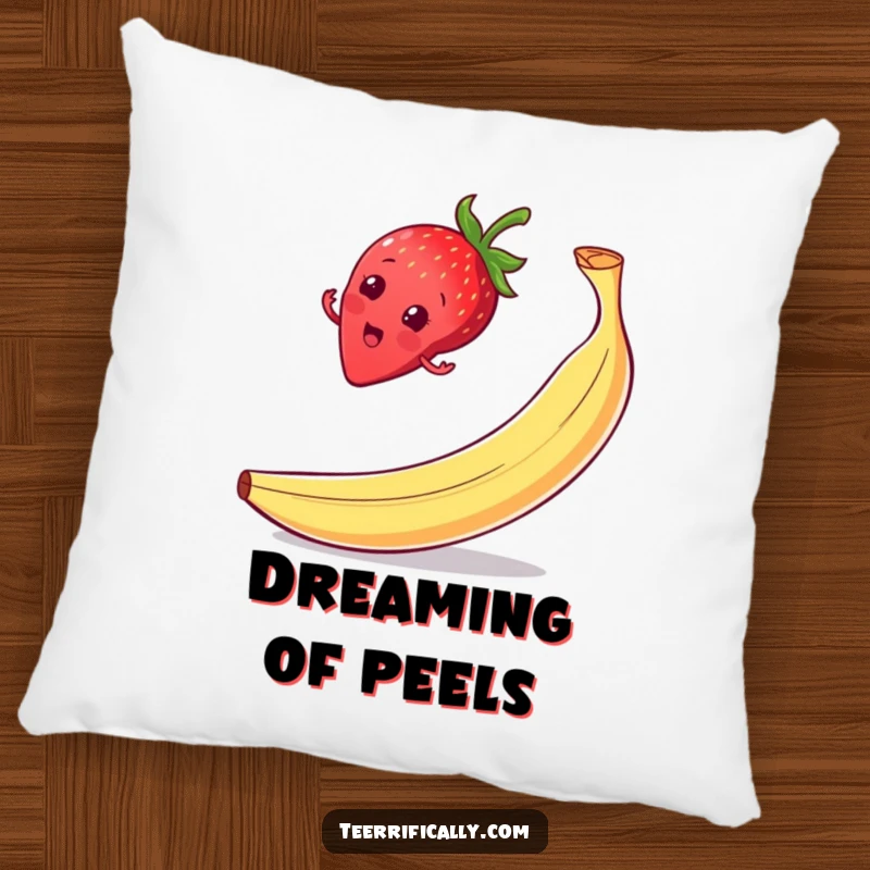 Funny strawberry slip pillow, balancing on a banana peel with a surprised grin, perfect for lounging.
