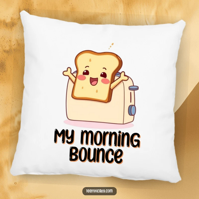 Funny pillow showcasing a gleeful toast slice leaping energetically from a toaster, offering a soft and humorous breakfast-themed decor accent.
