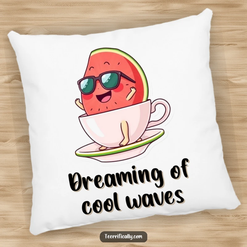 Funny watermelon slice pillow, wearing sunglasses, surfing a teacup, offering soft comfort and a dose of summer humor. Cozy decor.