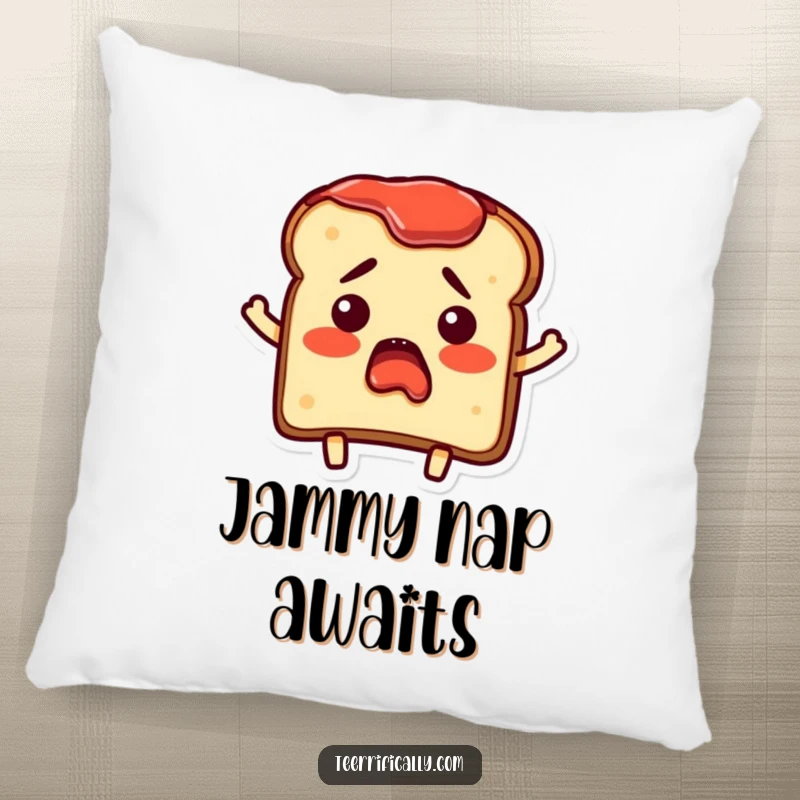 Funny Pillow featuring a bewildered toast character with jam spread on its edges, offering cozy breakfast humor.