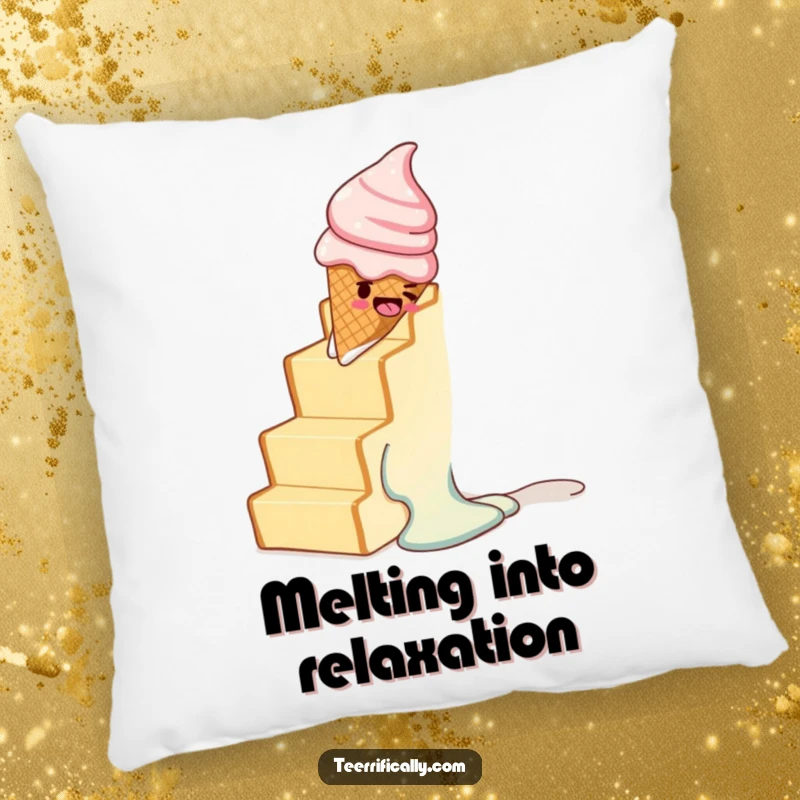 Funny pillow with a melting ice cream cone in a comical slide down a staircase made of toast.