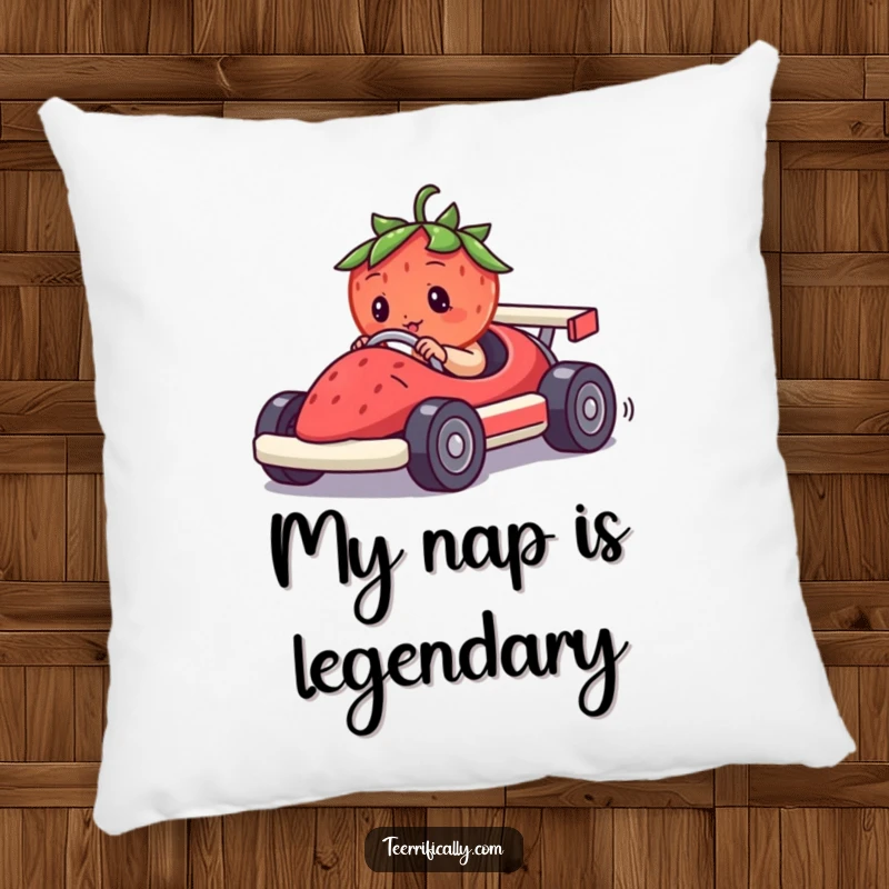 Funny throw pillow with a determined strawberry driving a tiny car made from a berry, offering a humorous and plush decorative accent.