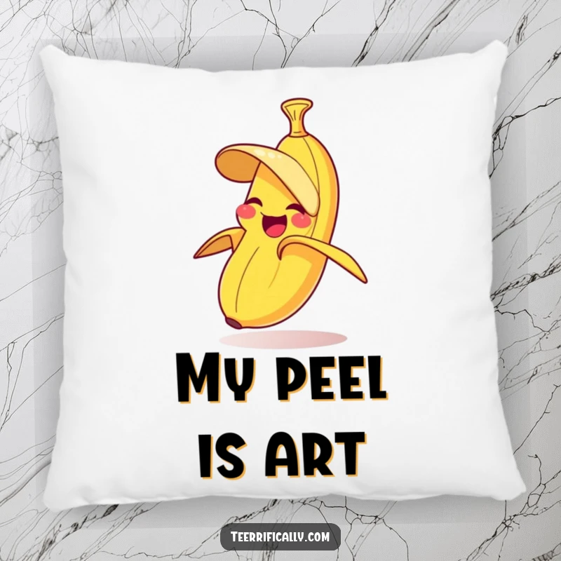 Funny decorative pillow featuring a happy banana hilariously peeling its own skin, adding humor to any room.