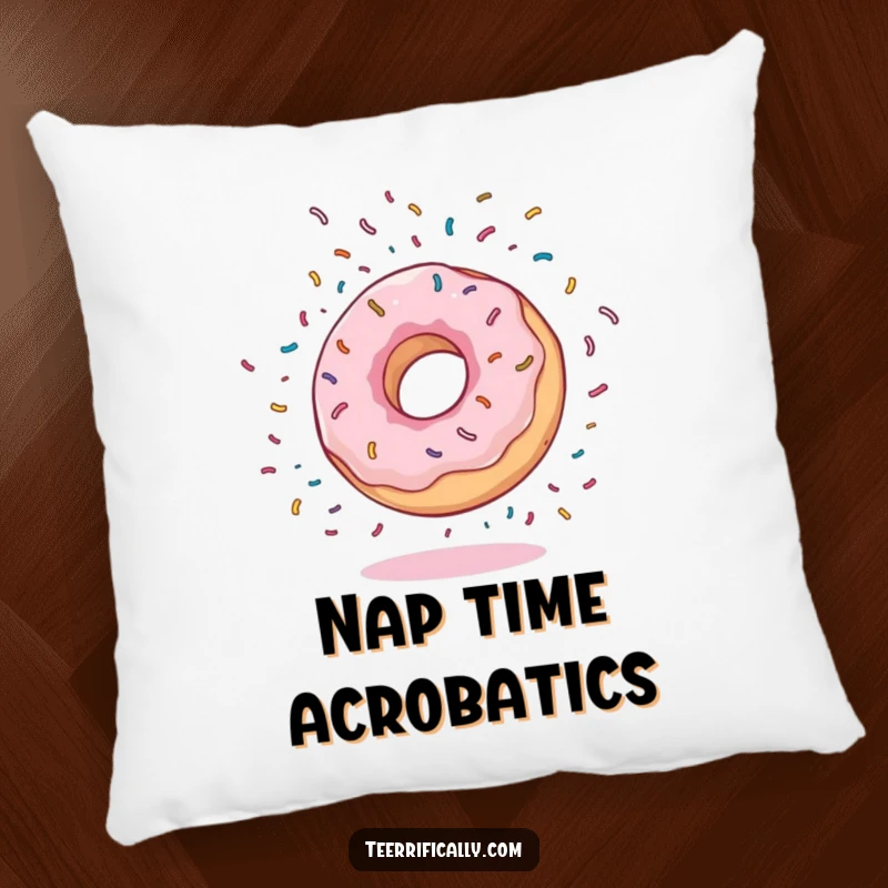 Funny Pillow featuring a bouncy donut doing a somersault with sprinkles flying, offering plush comfort and a dose of cheerful humor.