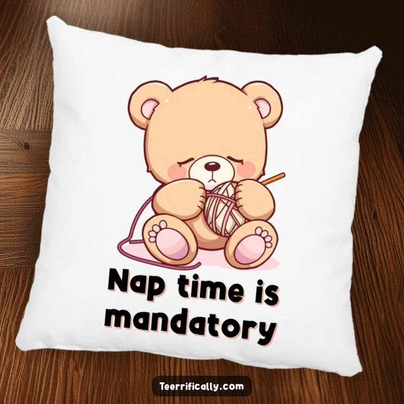 Funny sleepy teddy bear pillow featuring a drowsy bear attempting to knit, providing a soft and humorous decorative touch to any sofa or chair.