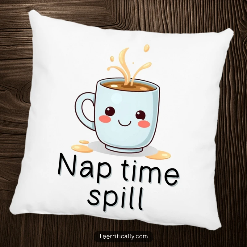 Funny decorative pillow with a tiny determined coffee mug spilling a steaming latte that forms a smiley face, adding comfort and humor.