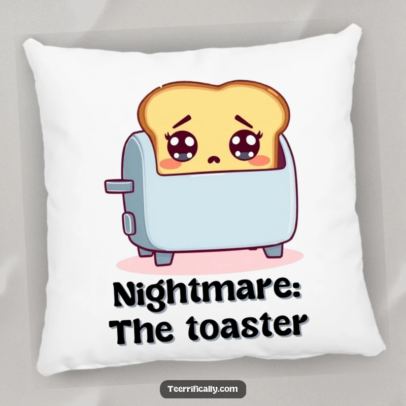 Funny pillow featuring a startled slice of toast jumping out of a toaster, offering comfort and breakfast-themed humor.