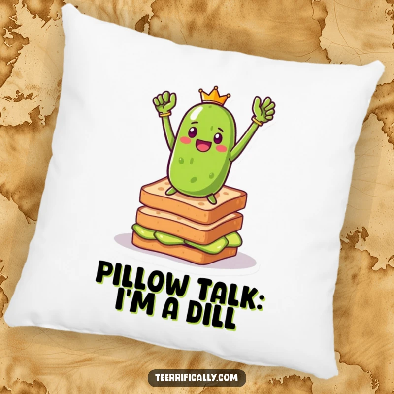 Funny pickle toast hero pillow featuring a triumphant pickle heroically posing on toast, providing a soft and humorous decorative touch.