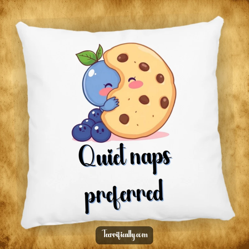 Funny pillow design with a shy, blushing blueberry hiding behind a giant cookie, offering cute and comforting appeal.