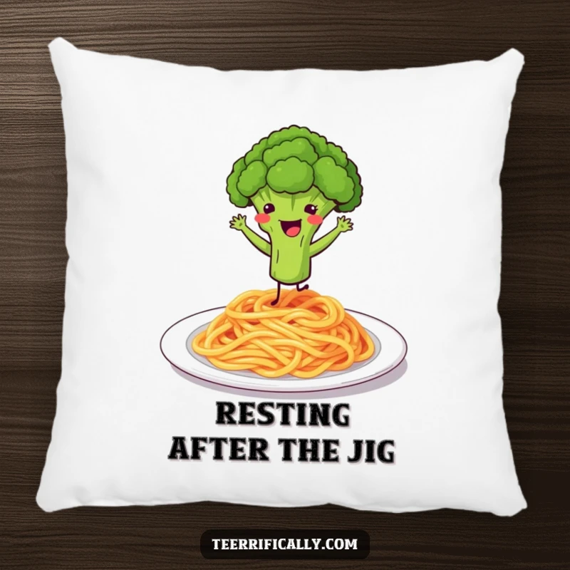 Funny pillow with a bouncing broccoli floret doing a happy dance on a plate of spaghetti.