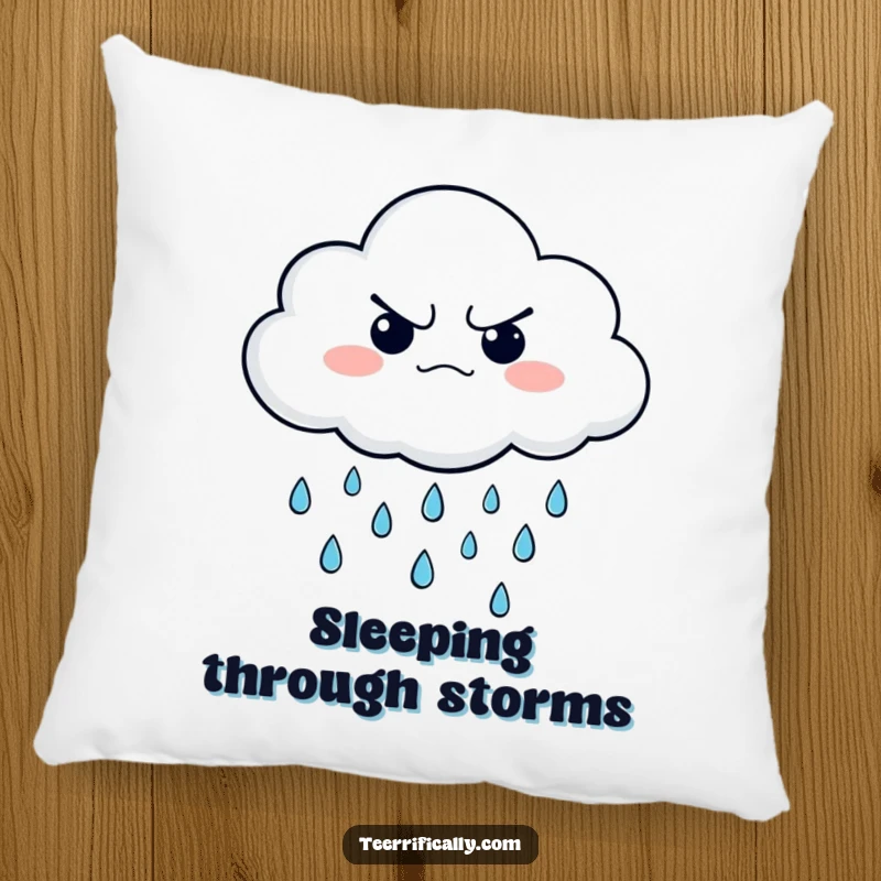 Funny pillow featuring a grumpy cloud character raining cheerful little raindrops, soft, cozy, and humorously contrasting.