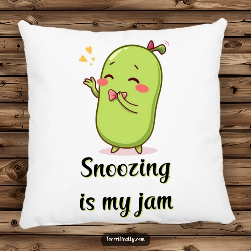 Funny pillow design of a sentient pickle executing a dramatic bow, offering comforting yet comedic visual appeal.