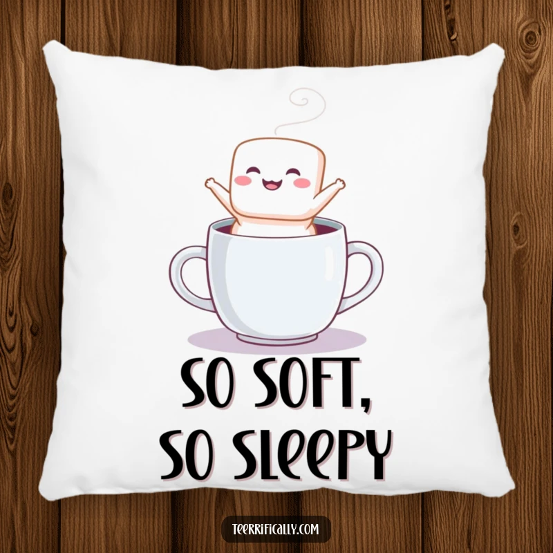 Funny pillow design with a fluffy marshmallow joyfully jumping from a steaming mug, offering comfort and sweet cheer.