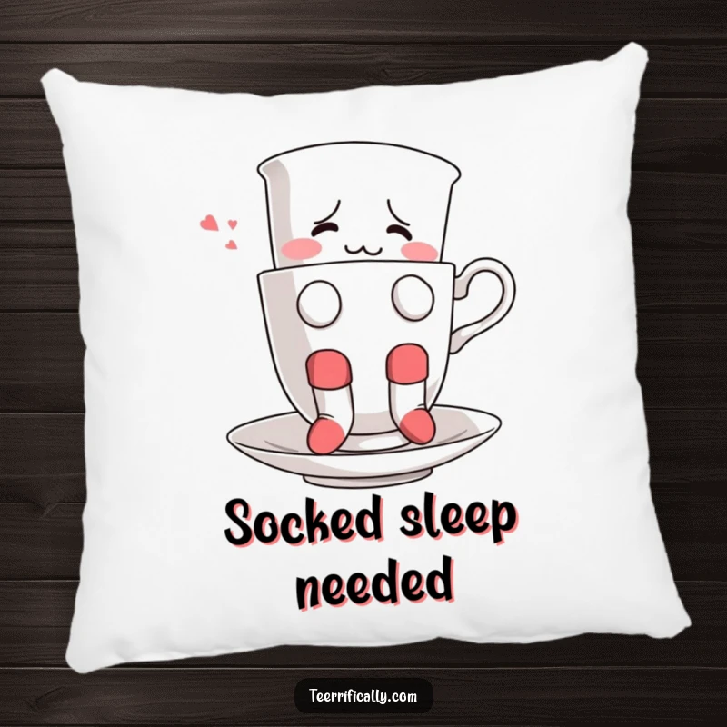 Funny pillow featuring a confused teacup wearing socks, hilariously attempting to float, offering comfort and whimsical charm.