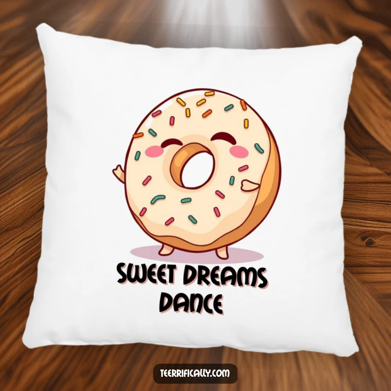 Funny Pillow featuring a winking donut with sprinkles doing a playful shimmy, bringing sweet, cozy humor.
