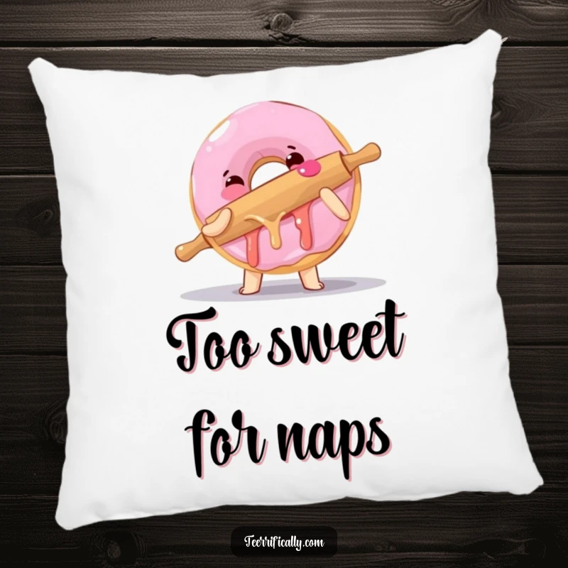 Funny pillow with a clumsy donut hugging a rolling pin, offering plush comfort and a dose of sweet, humorous baking charm.