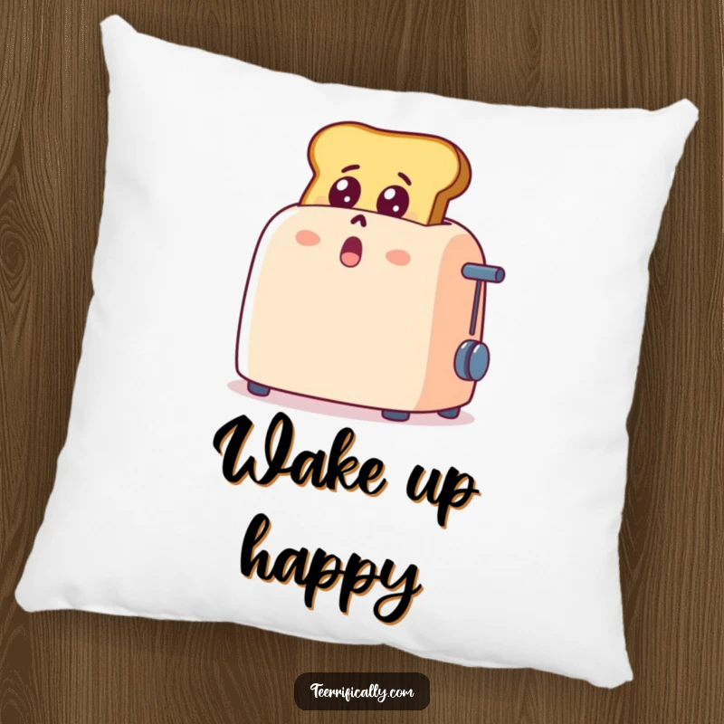 Funny cartoon toast popping out of a toaster, eyes wide with shock and delight, soft decorative pillow, humorous home accent.