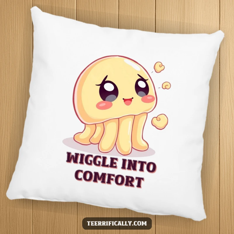 Funny pillow with a wobbly jelly eagerly pursuing a flying popcorn kernel, offering plush comfort and humorous snack-time vibes.