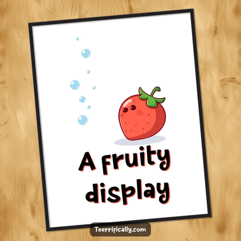 Funny digital art print of a cheerful strawberry juggling tiny sparkling water droplets with pure glee.