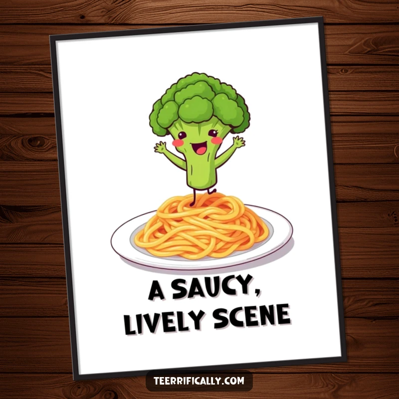 Funny digital art print of a happy broccoli floret dancing enthusiastically on a plate of spaghetti.
