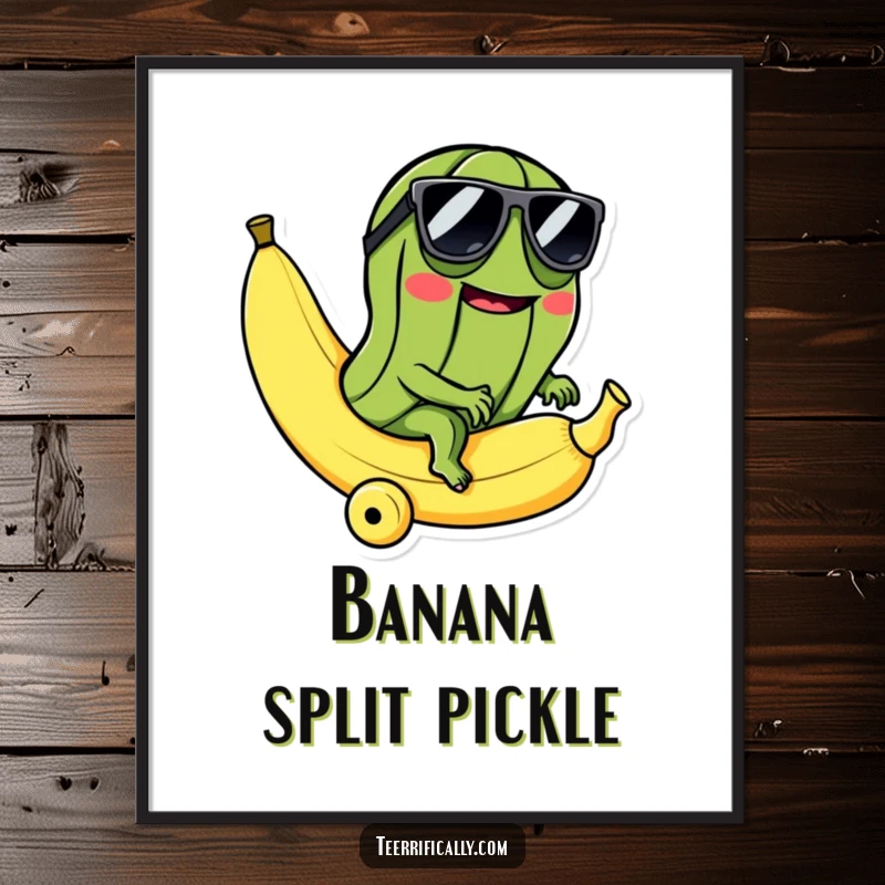 Funny digital art print of a mischievous pickle in sunglasses riding a rolling banana, great for instant absurd, humorous decor.